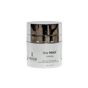 Jar of the MAX™ crème | IMAGE Skincare with reflective silver lid and white body, designed for advanced skincare using stem cell technology.