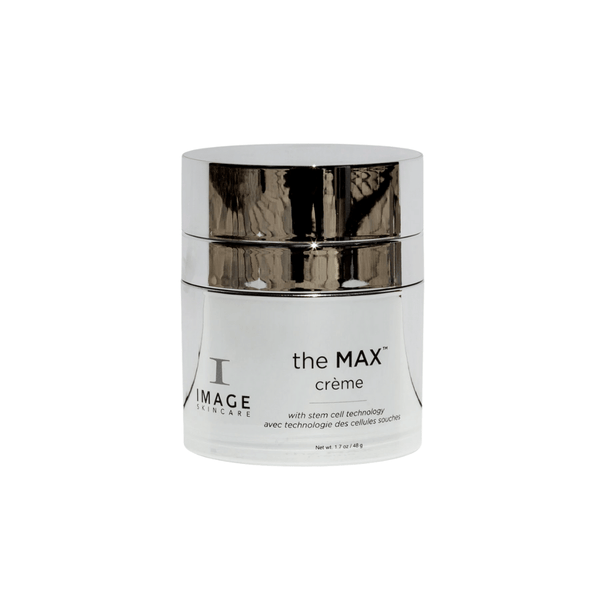 Jar of the MAX™ crème | IMAGE Skincare with reflective silver lid and white body, designed for advanced skincare using stem cell technology.