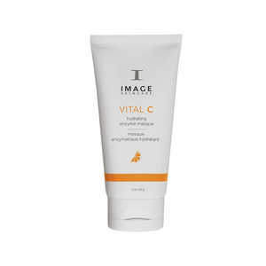 Tube of VITAL C hydrating enzyme masque | IMAGE Skincare featuring white packaging with orange accents and a small citrus graphic, designed for skincare use.