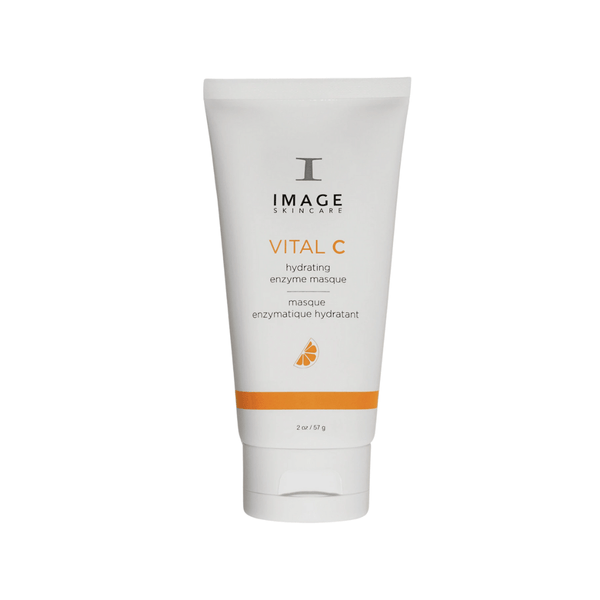 Tube of VITAL C hydrating enzyme masque | IMAGE Skincare featuring white packaging with orange accents and a small citrus graphic, designed for skincare use.