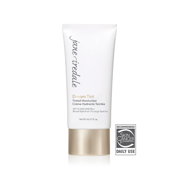 Packaged tube of Dream Tine Tinted Moisturizer SPF 15 | Jane Iredale featuring broad spectrum sun protection and a gold-toned cap, ideal for daily skincare use.