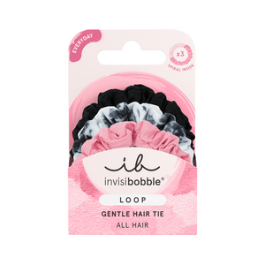 Package of LOOP 3 pc | invisibobble gentle hair ties in black, tie-dye, and pink colors, designed for all hair types and everyday use.