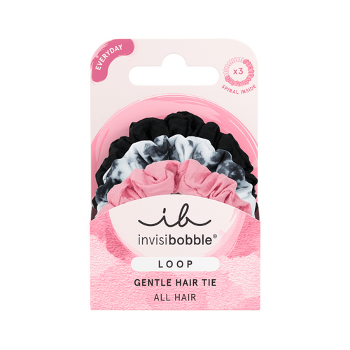 Package of LOOP 3 pc | invisibobble gentle hair ties in black, tie-dye, and pink colors, designed for all hair types and everyday use.