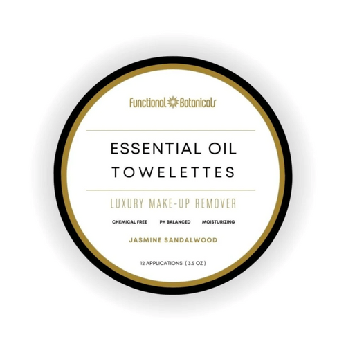 Container of Functional Botanicals Essential Oil Towelettes luxury make-up remover in jasmine sandalwood scent, highlighting chemical free, pH balanced, and moisturizing features, with 12 applications for skincare use, labeled as Make Up Remover Wipes | Functional Botanicals.
