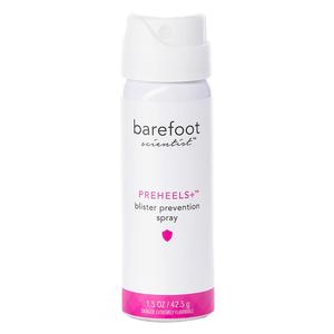 Preheels+ Blister Prevention Spray | Barefoot Scientist in a white and pink bottle designed for skincare and body care to prevent blisters and enhance comfort.
