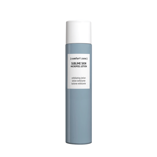 Sleek blue and white bottle of Sublime Skin Micropeel Lotion | [ comfort zone ], a skincare exfoliating lotion designed for gentle skin renewal and body care.