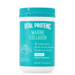 Container of Marine Collagen - Unflavored | Vital Proteins dietary supplement with turquoise and white packaging, highlighting collagen content and benefits for skin, hair, nails, and joints.