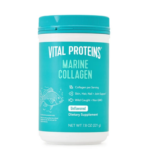 Container of Marine Collagen - Unflavored | Vital Proteins dietary supplement with turquoise and white packaging, highlighting collagen content and benefits for skin, hair, nails, and joints.