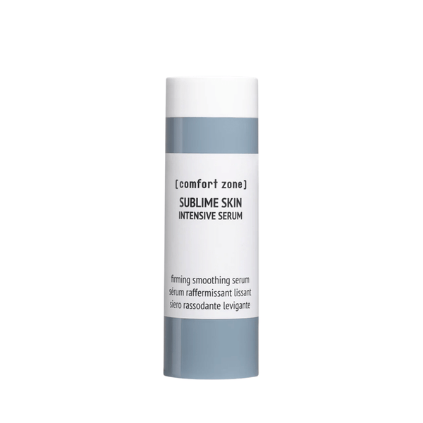 White and blue refill bottle of Sublime Skin Intensive Serum Refill | [ comfort zone ], a firming and smoothing skincare serum for enhanced skin wellness.
