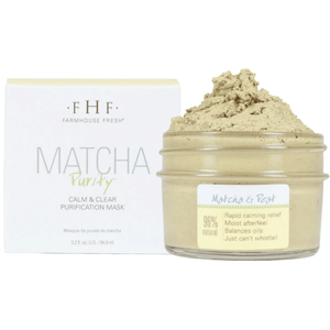 Jar of Matcha Purity™ Calm & Clear Purification Mask | FarmHouse Fresh filled with creamy green mask next to its white product box, a natural skincare product for calming and balancing oils.