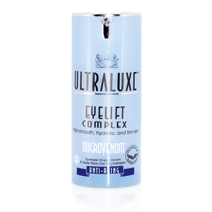 Bottle of MicroVenom Eyelift Complex | Ultraluxe Skincare in light blue packaging, promoting smooth, hydrated, and firm skin with anti-aging benefits and synthetic snake venom technology.