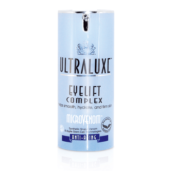 Bottle of MicroVenom Eyelift Complex | Ultraluxe Skincare in light blue packaging, promoting smooth, hydrated, and firm skin with anti-aging benefits and synthetic snake venom technology.