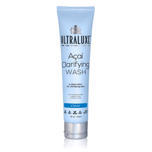 Tube of Acai Clarifying Wash | Ultraluxe Skincare in light blue packaging, designed for clarifying skin with natural ingredients, promoting gentle and effective skincare.