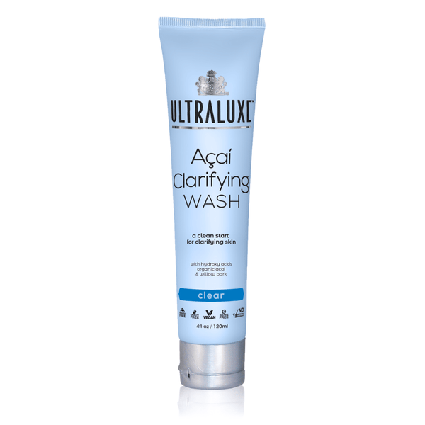 Tube of Acai Clarifying Wash | Ultraluxe Skincare in light blue packaging, designed for clarifying skin with natural ingredients, promoting gentle and effective skincare.