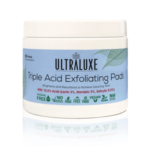 Container of Triple Acid Exfoliating Pads | Ultraluxe Skincare with a light blue label highlighting natural ingredients and benefits for brightening and resurfacing skin.
