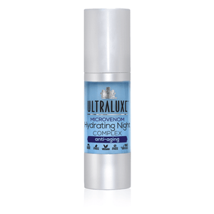 Bottle of MicroVenom Hydrating Night Complex | Ultraluxe Skincare in blue and silver packaging, emphasizing anti-aging and vegan skincare benefits.