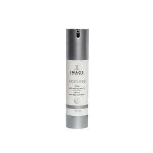 Bottle of AGELESS total anti-aging serum | IMAGE Skincare with a sleek silver and white design, promoting advanced skincare for anti-aging benefits.