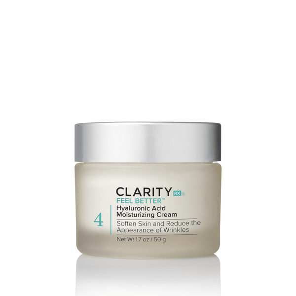 Feel Better™ Hyaluronic Acid Moisturizing Cream | ClarityRx in a frosted jar with silver lid, designed for skincare to soften skin and reduce the appearance of wrinkles.