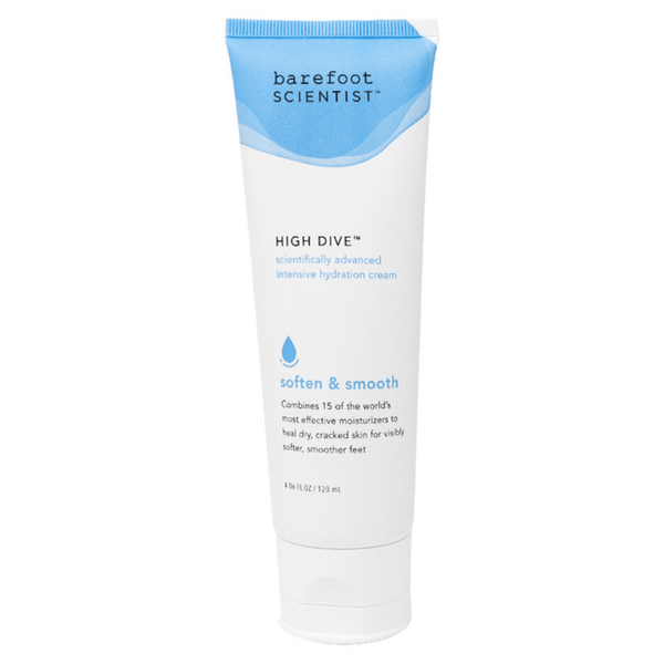 Tube of High Dive Intensive Hydration Cream | Barefoot Scientist in white and blue packaging designed for softening and smoothing dry, cracked skin on feet.