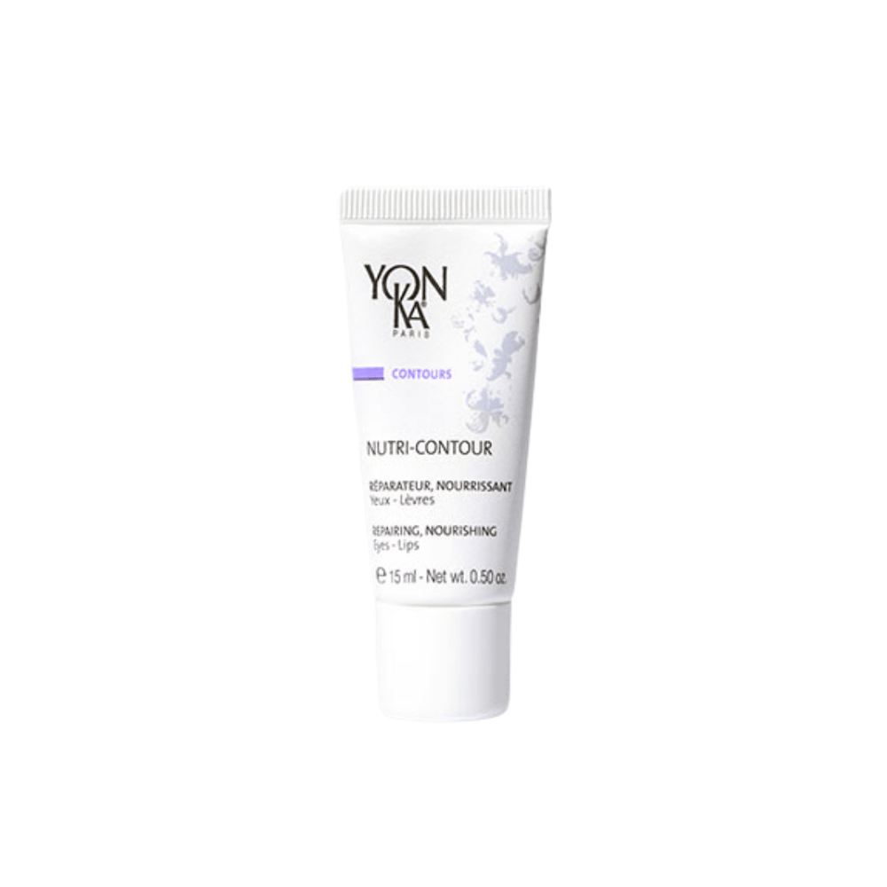 Tube of Nutri-contour | Yon-Ka nourishing and repairing skincare product for eyes and lips, designed for gentle contour care in a minimalist white and purple packaging.