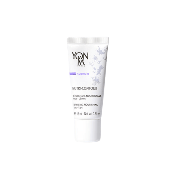 Tube of Nutri-contour | Yon-Ka nourishing and repairing skincare product for eyes and lips, designed for gentle contour care in a minimalist white and purple packaging.