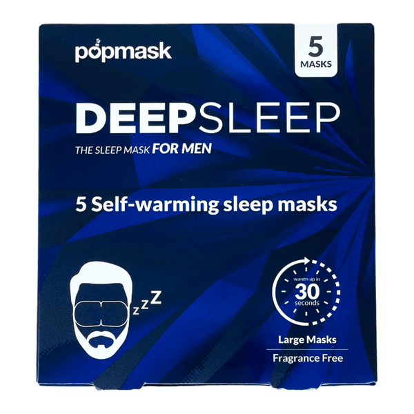 Deep Sleep Fragrance-Free Self-Warming Large Sleep Masks (5 Pack) | Popmask packaging with bold blue design, highlighting self-warming feature and suitability for men’s wellness and sleep care.
