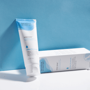 High Dive Intensive Hydration Cream | Barefoot Scientist tube and packaging against a blue background, highlighting skincare product for softening and smoothing skin.