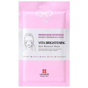 Vita Brightening Skin Renewal Mask | Leaders pink and white packaging for advanced Korean skincare, featuring a premium grade cotton mask designed for skin brightening and renewal.