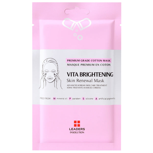 Vita Brightening Skin Renewal Mask | Leaders pink and white packaging for advanced Korean skincare, featuring a premium grade cotton mask designed for skin brightening and renewal.