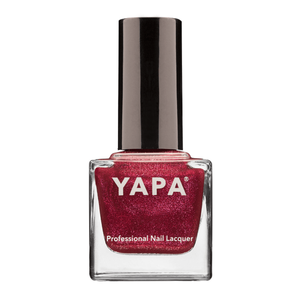 Vivian Nail Lacquer | YAPA in a shimmering deep red shade, featuring a sleek black cap and clear glass bottle for a professional manicure finish.