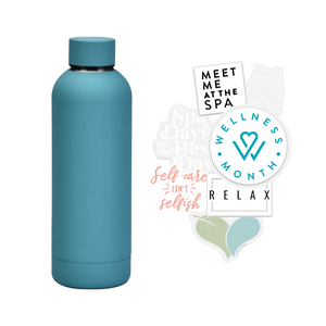 Blue insulated water bottle beside wellness-themed stickers including a Wellness Month Hydrator Gift Kit | Wellness Month logo, spa and self-care messages promoting hydration and relaxation.