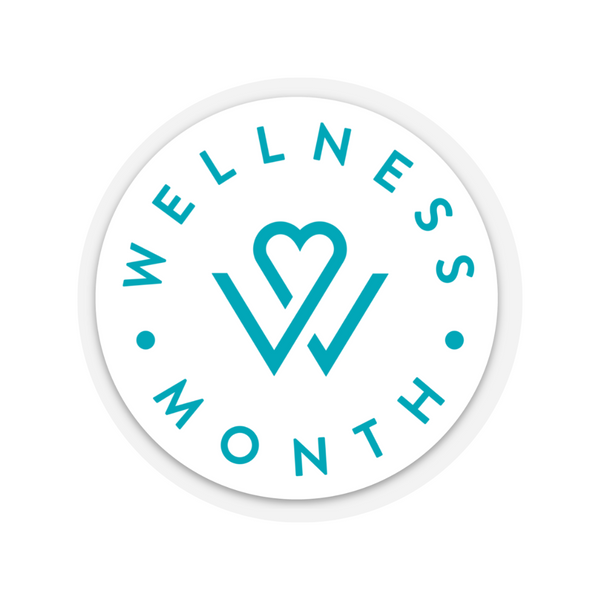 Round sticker featuring a turquoise design with a heart integrated into the letters W and V, surrounded by the words "WELLNESS MONTH" in a circle, part of the SELF-CARE STICKER PACK | Wellness Month.