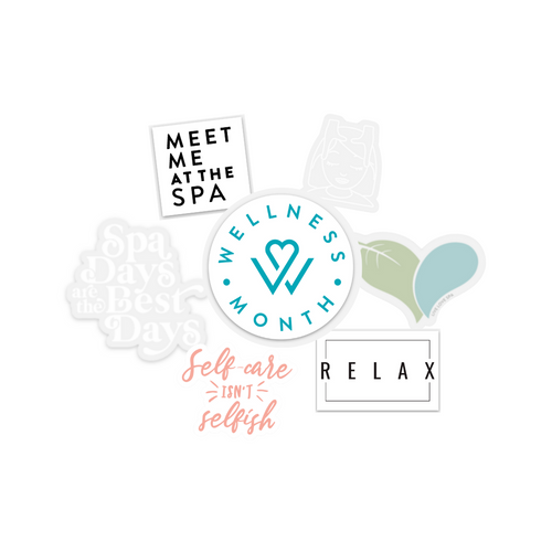 Collection of six self-care themed stickers including phrases like "Meet me at the spa," "Relax," "Self-care isn't selfish," "Spa days are the best days," a wellness month emblem, and a heart design in soft pastel colors featuring the SELF-CARE STICKER PACK | Wellness Month.
