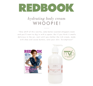 Bottle of Whoopie® Cream Shea Butter Hand Cream | Farmhouse Fresh with Redbook magazine and review text highlighting its vanilla and cake-batter scent and rich moisturizing ingredients.