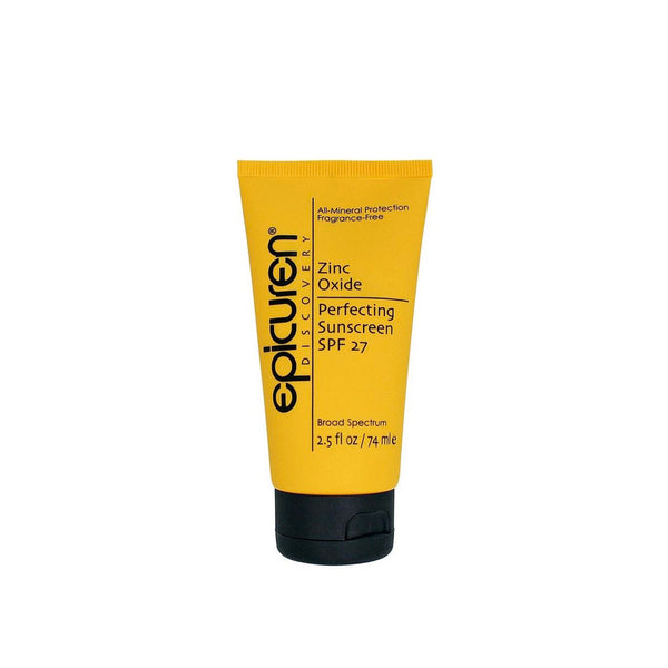 Yellow tube of Zinc Oxide Perfecting Sunscreen | Epicuren Discovery with black cap, offering all-mineral, fragrance-free skincare protection with SPF 27 for body care and wellness.