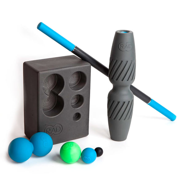 RAD All In Kit | RAD featuring textured massage roller, stick, multiple massage balls, and a storage block for muscle recovery and body care wellness.