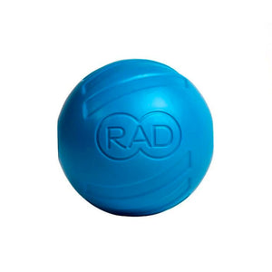 Blue recovery massage ball with raised textured design and RAD logo, a wellness tool for muscle relief and body care, named RAD ATOM | RAD.