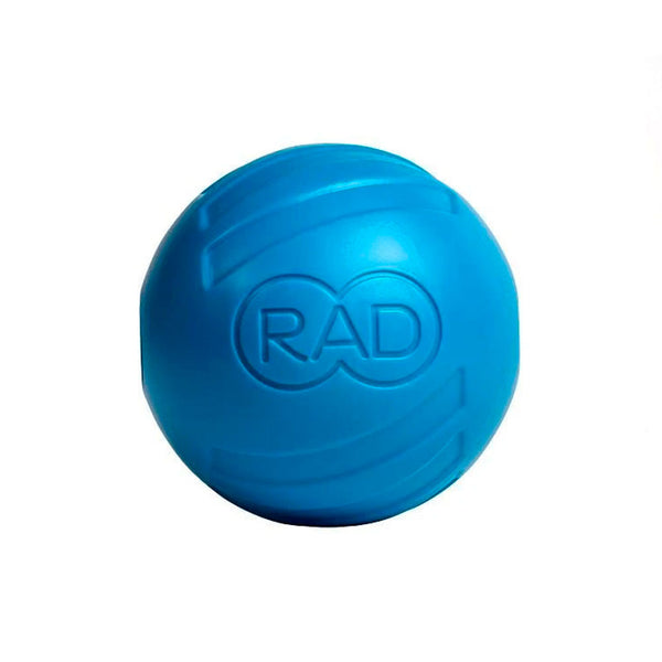 Blue recovery massage ball with raised textured design and RAD logo, a wellness tool for muscle relief and body care, named RAD ATOM | RAD.