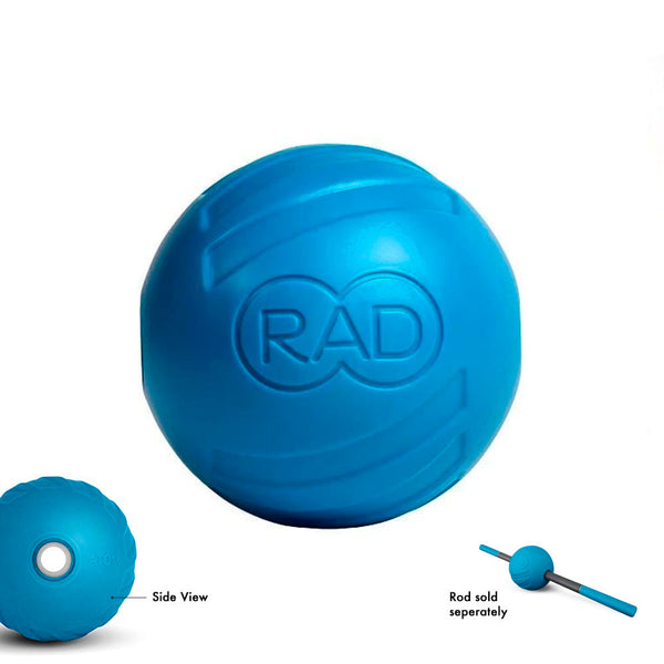 Blue spherical body care and recovery tool with embossed RAD logo, designed for use with a separate rod, showcasing the RAD ATOM | RAD product for wellness and muscle relief.