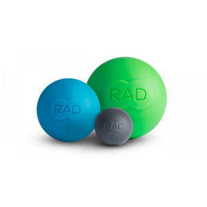 Set of three colorful RAD Rounds - 3 Set | RAD massage and recovery balls in green, blue, and gray for body care and wellness therapy.