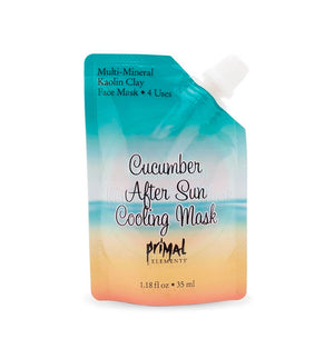 Packaging of Face Mask - CUCUMBER AFTER SUN COOLING MASK | Primal Elements with refreshing cucumber scent and multi-mineral kaolin clay for skincare and soothing after sun exposure.