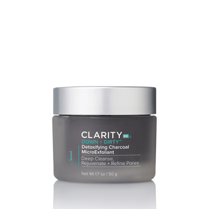 Jar of Down + Dirty™ Detoxifying Charcoal MicroExfoliant | ClarityRx with dark charcoal color and silver lid, designed for deep cleansing, rejuvenating, and refining pores in skincare routine.