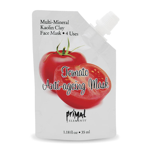 Packaging of Tomato Anti-ageing Face Mask | Primal Elements featuring fresh tomato imagery and details on multi-mineral kaolin clay for skincare use.