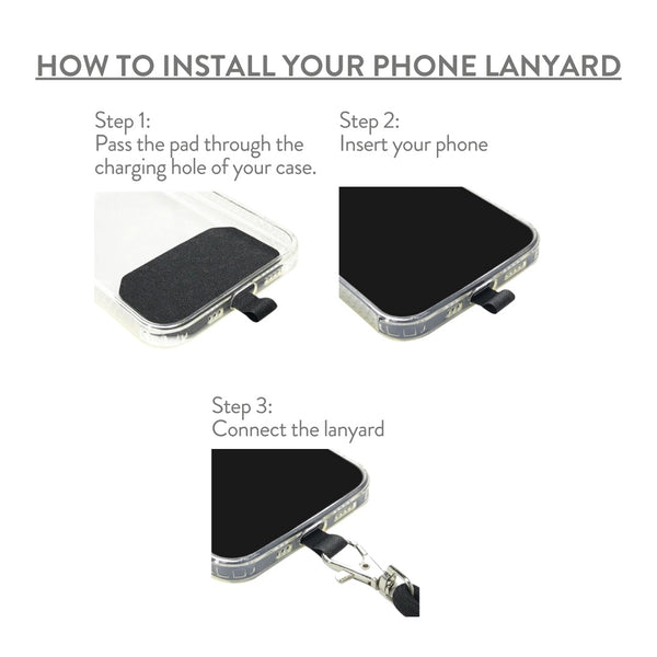 Illustration showing how to install the Crossbody Phone Lanyard With Adjustable Strap | Live Love Spa by passing the pad through the phone case charging hole, inserting the phone, and connecting the lanyard clip.