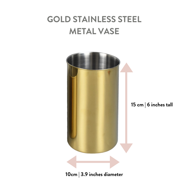 Gold Flower Vase - Live Love Spa Exclusive is a sleek, cylindrical gold stainless steel metal vase, 15 cm tall and 10 cm in diameter, ideal for spa and wellness decor.