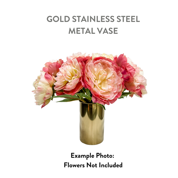 Gold Flower Vase - Live Love Spa Exclusive featuring a sleek and polished gold stainless steel metal design, styled with vibrant pink and cream flowers (flowers not included).