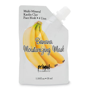 Banana Moisturizing Face Mask | Primal Elements in a flexible pouch with a banana illustration, featuring multi-mineral kaolin clay for skincare and moisturizing benefits.
