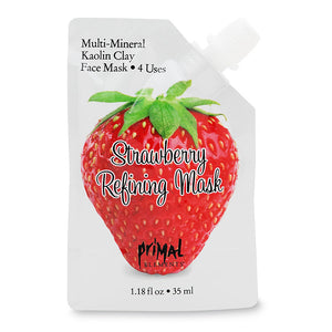 Strawberry Refining Face Mask | Primal Elements in a squeezable pouch featuring multi-mineral kaolin clay for skincare and refreshing facial treatment.
