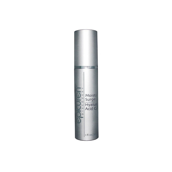 Silver bottle of Moisture Surge Hyaluronic Acid Gel | Epicuren Discovery with a sleek design, ideal for skincare and hydration routines.