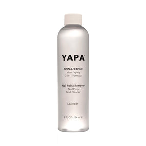 Clear bottle of Non-Acetone Remover | YAPA with white cap, featuring a lavender-scented, non-drying formula for nail polish removal, nail prep, and nail cleaning.